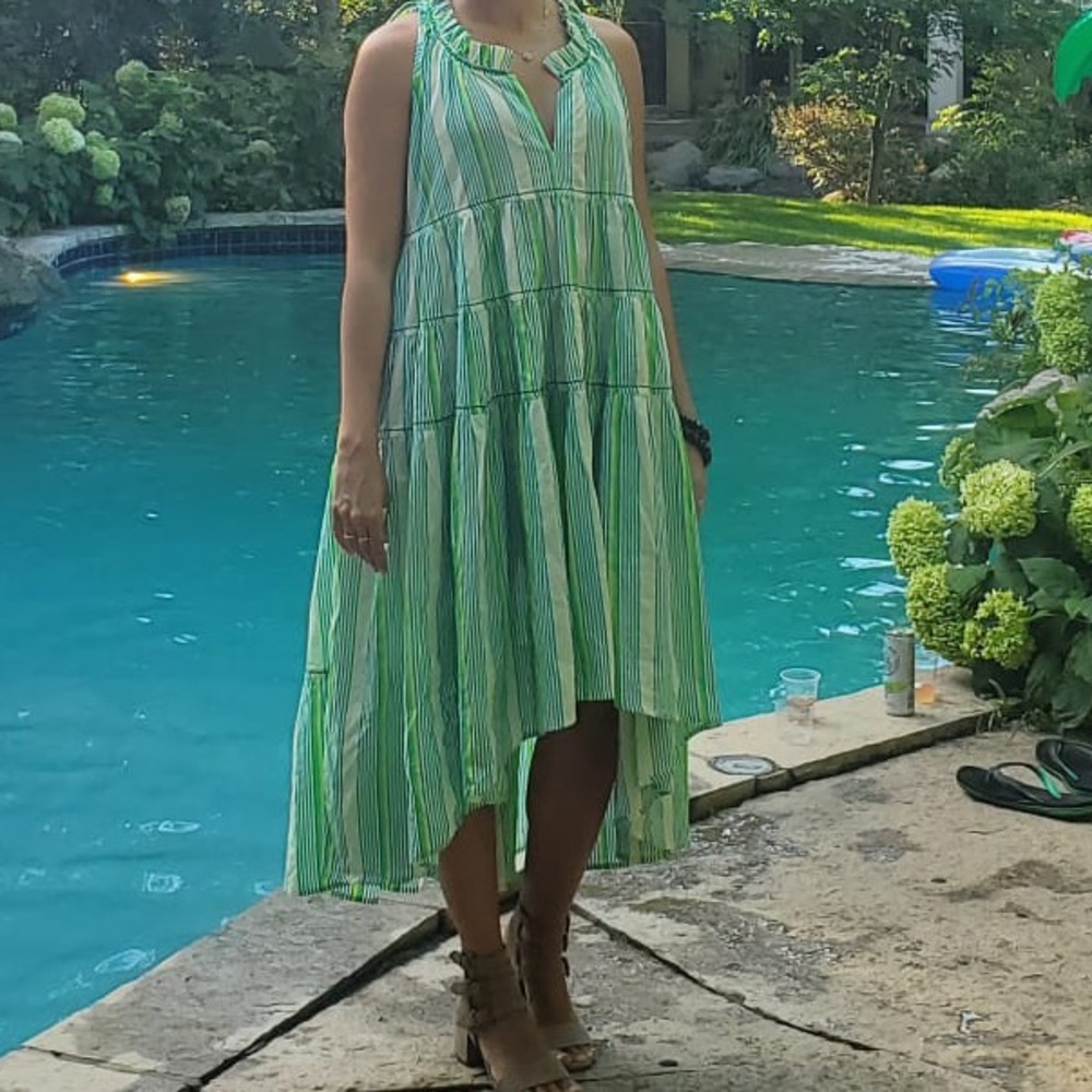 Ro’s Garden Sasha summer asymmetric dress. Green stripes.